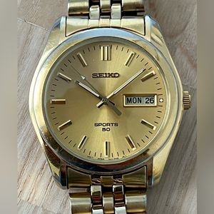 Seiko Sports 50 Vintage Men’s Watch Gold-Tone Dial Weave Bracelet Date Window
